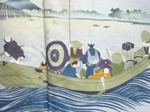 アンティーク　無双　舟に時代人物風景模様肩裏男物羽織
